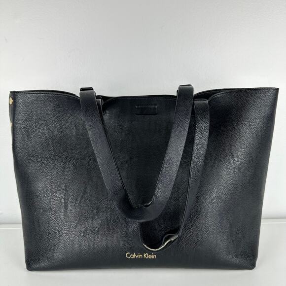 Calvin Klein Womens Soft Pebbled Leather Studded Large Black Weekend Tote Bag - Picture 1 of 8